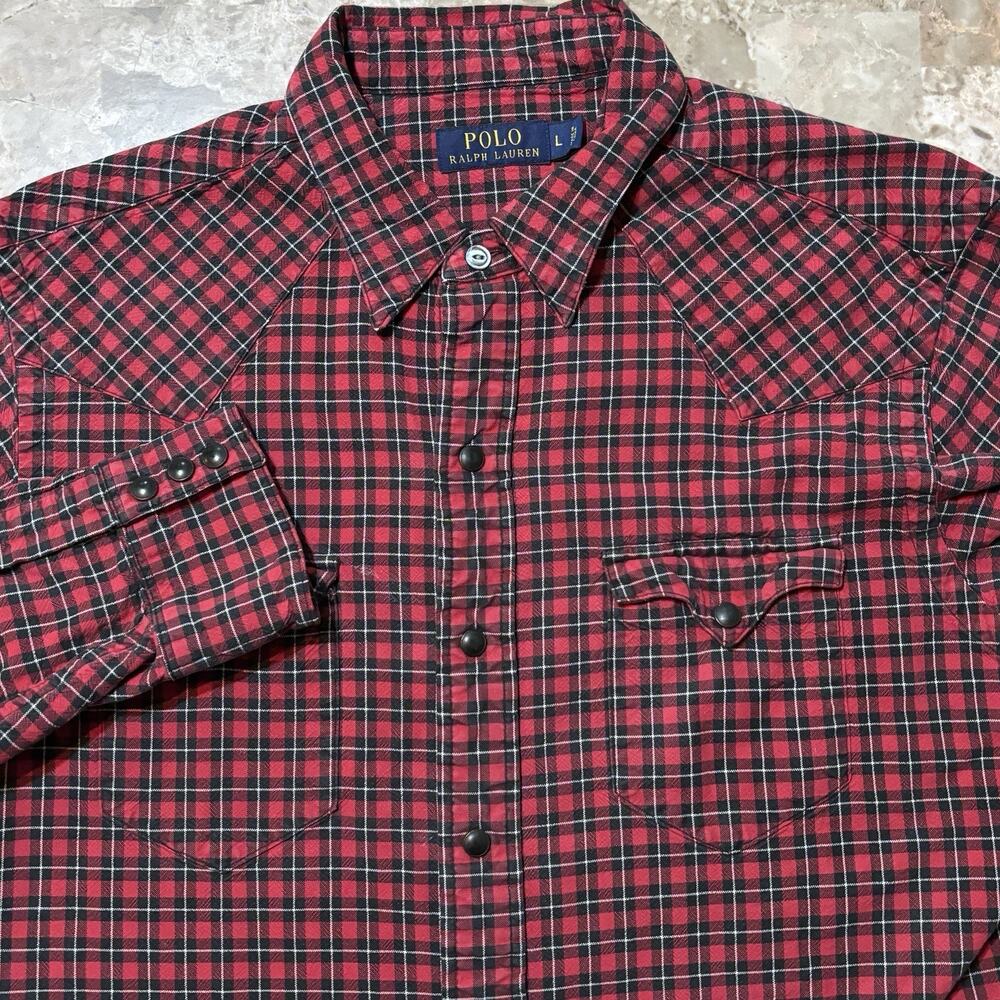 Polo Ralph Lauren Shirt Mens Large Red Buffalo Plaid Pearl Snap Western Oxford